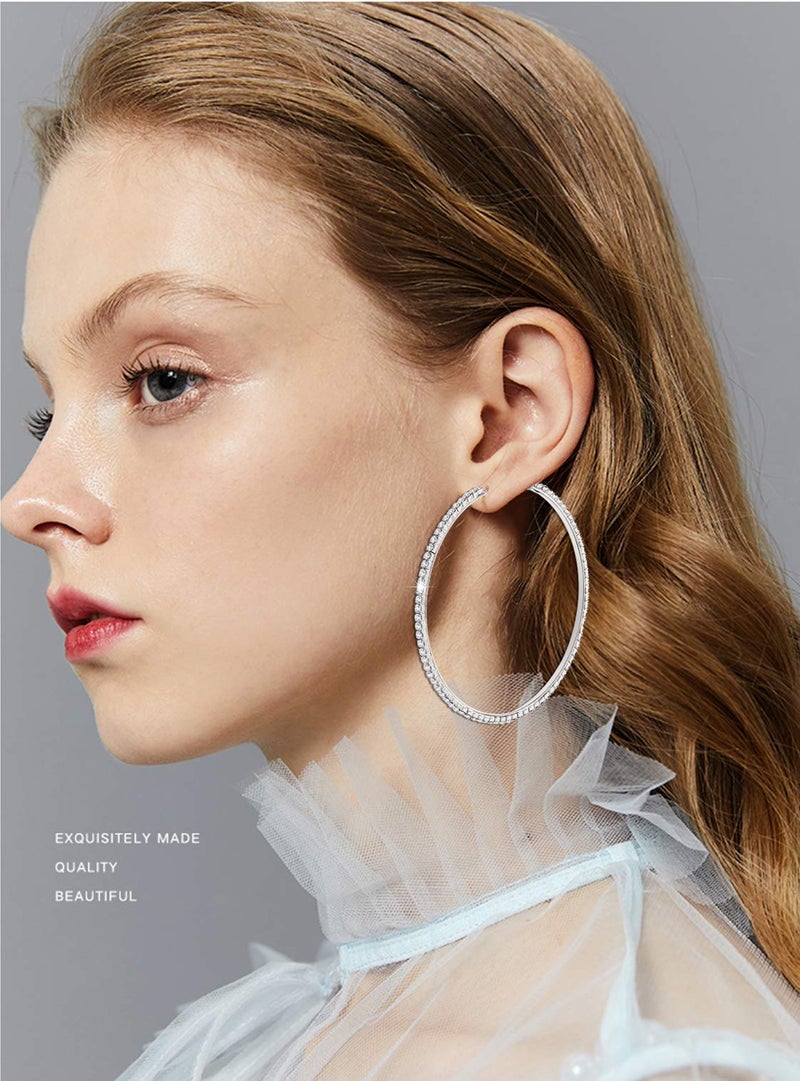 BSJELL Hoop Earrings for Women Silver Large Cubic Zirconia Hoop Earrings Big Circle Stud Earrings Crystal Bridal Wedding Fashion Jewelry For Women - Image 2